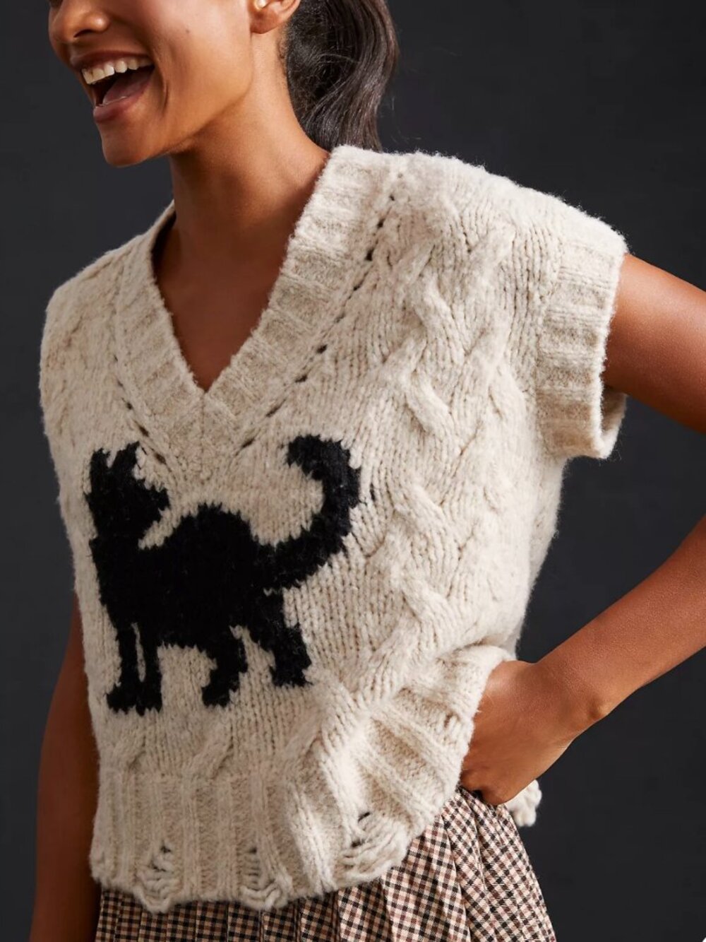Anthropologie Sweater Vest Black Cat Cable Knit Chunky Wool Eclectic Grandpa